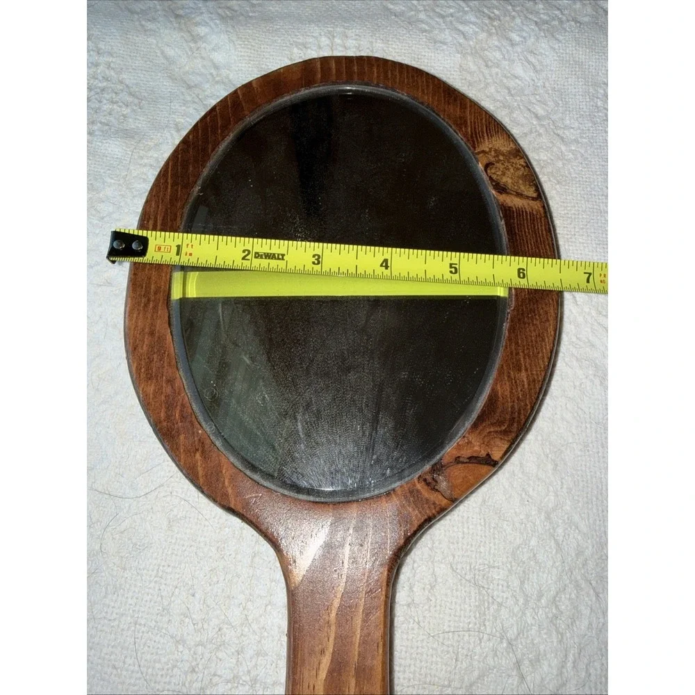 Vintage Wood Hand Held Beveled Glass Mirror Leaf Design Oval Glass 14.5 in